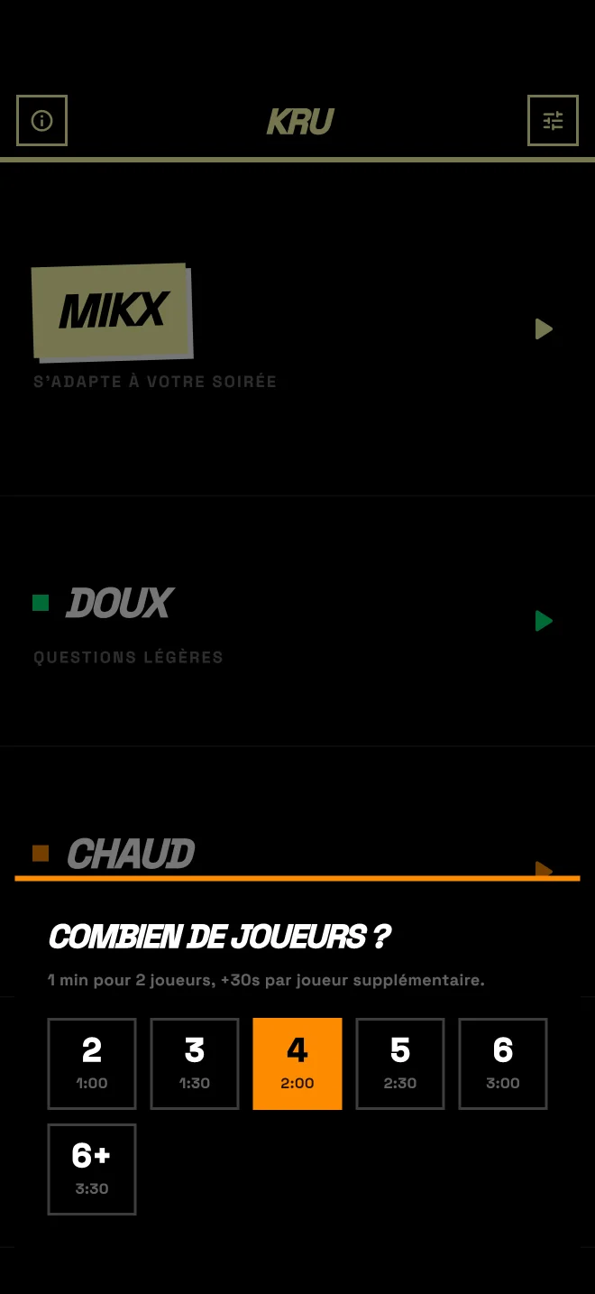 Choix du nombre de joueurs, de 2 à plus de 6, avec la durée du timer