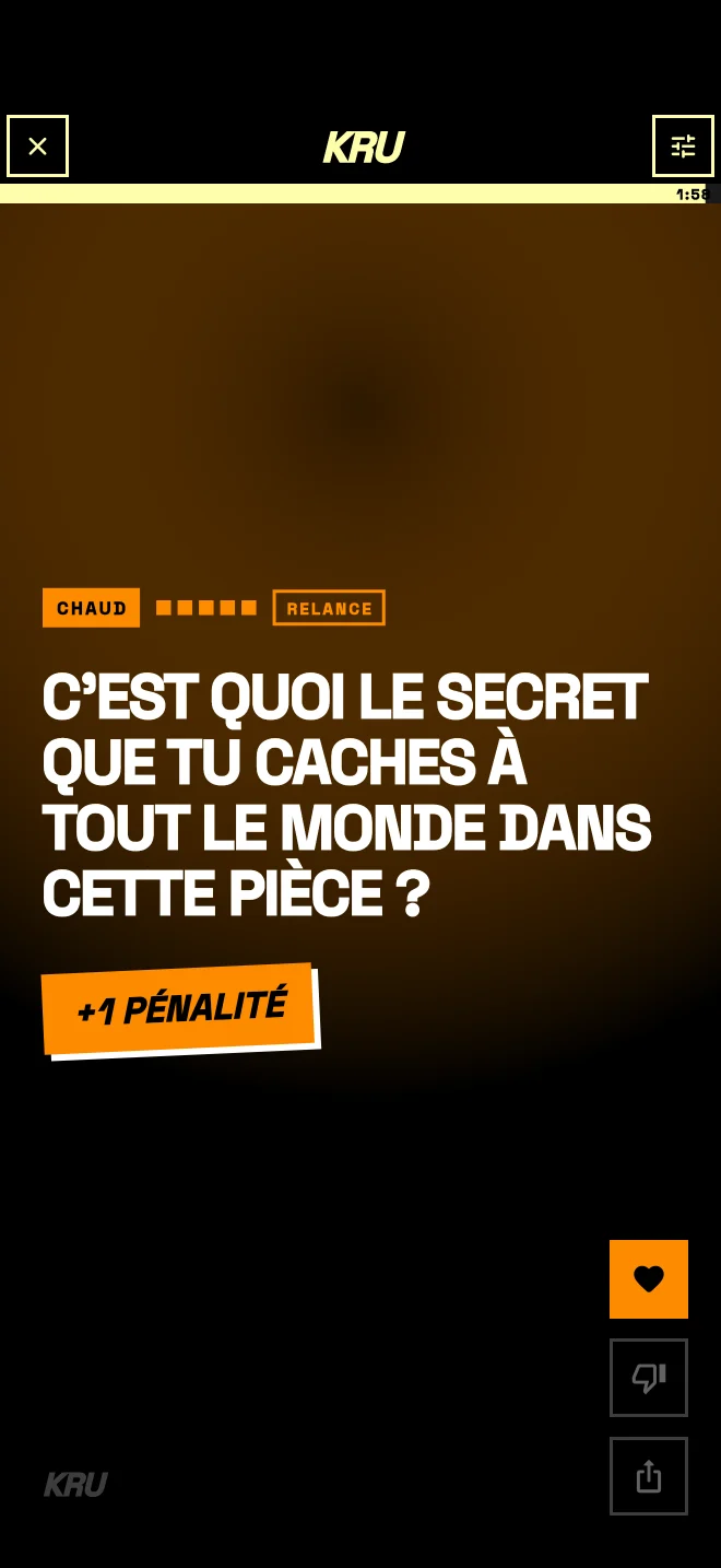 Écran de jeu KRU : question du pack CHAUD marquée RELANCE, avec le bouton j'aime activé